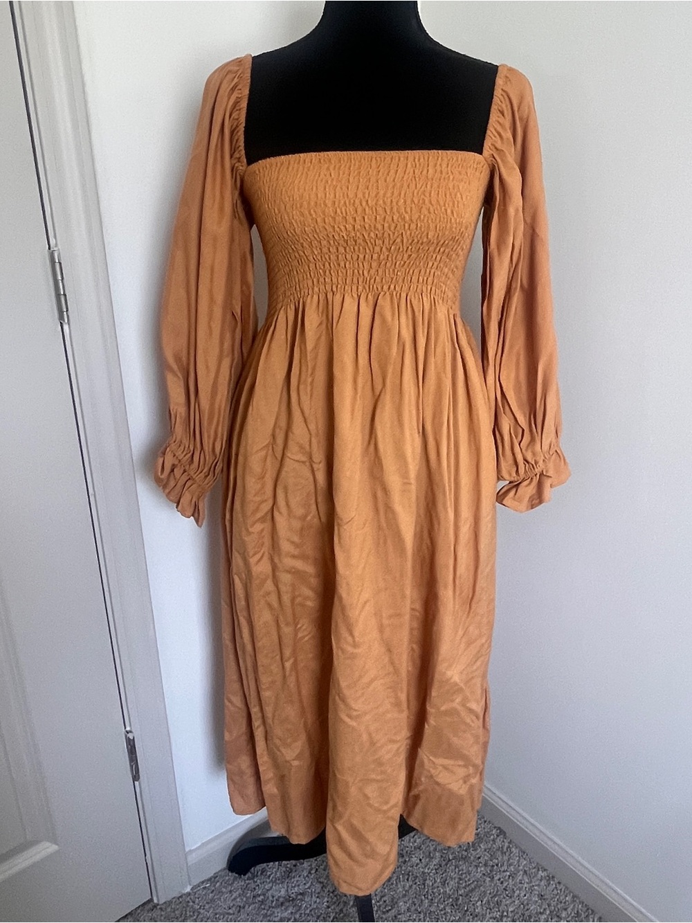 O.P.T Smocked Square Neck Midi Dress NWT Size Medium Camel Brown
